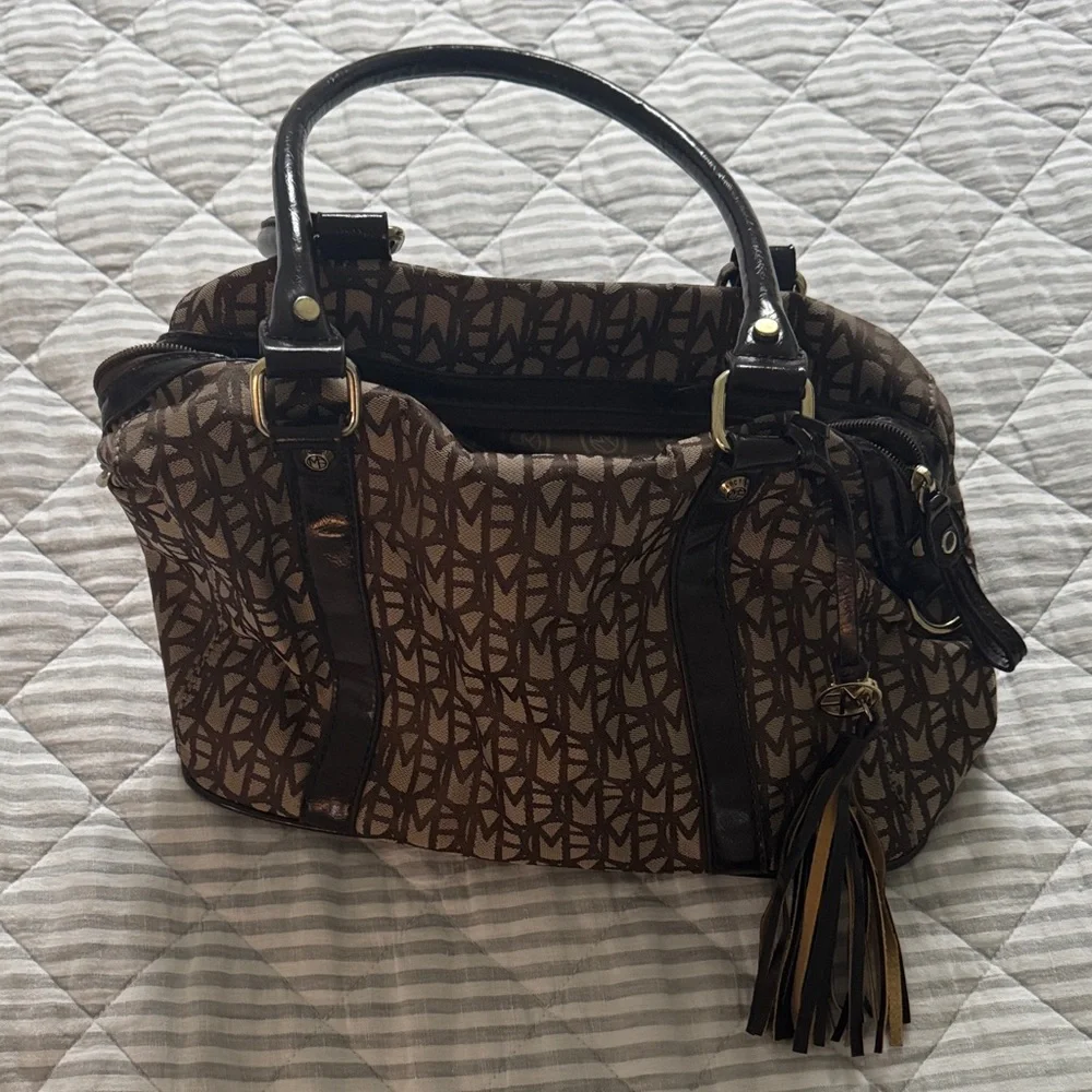 Marc Fisher Brown Monogram Satchel with Dark Brown Trim